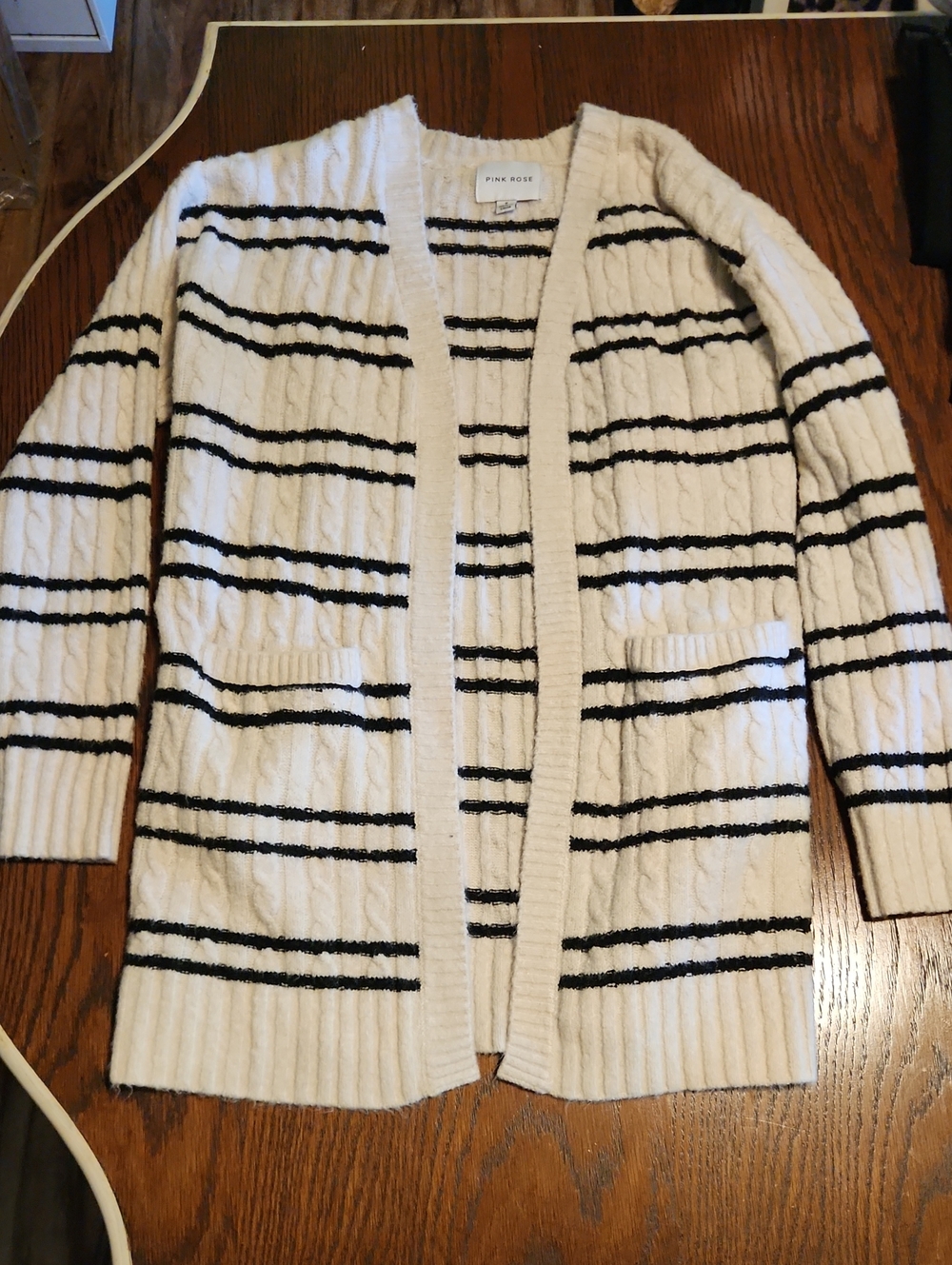 Pink Rose Cream and Black Striped Open-Front Cardigan